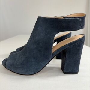 Franco Fortini Blue Suede Peep Toe Heeled‎ Booties Ankle Strap Block Heel 8 NWOT